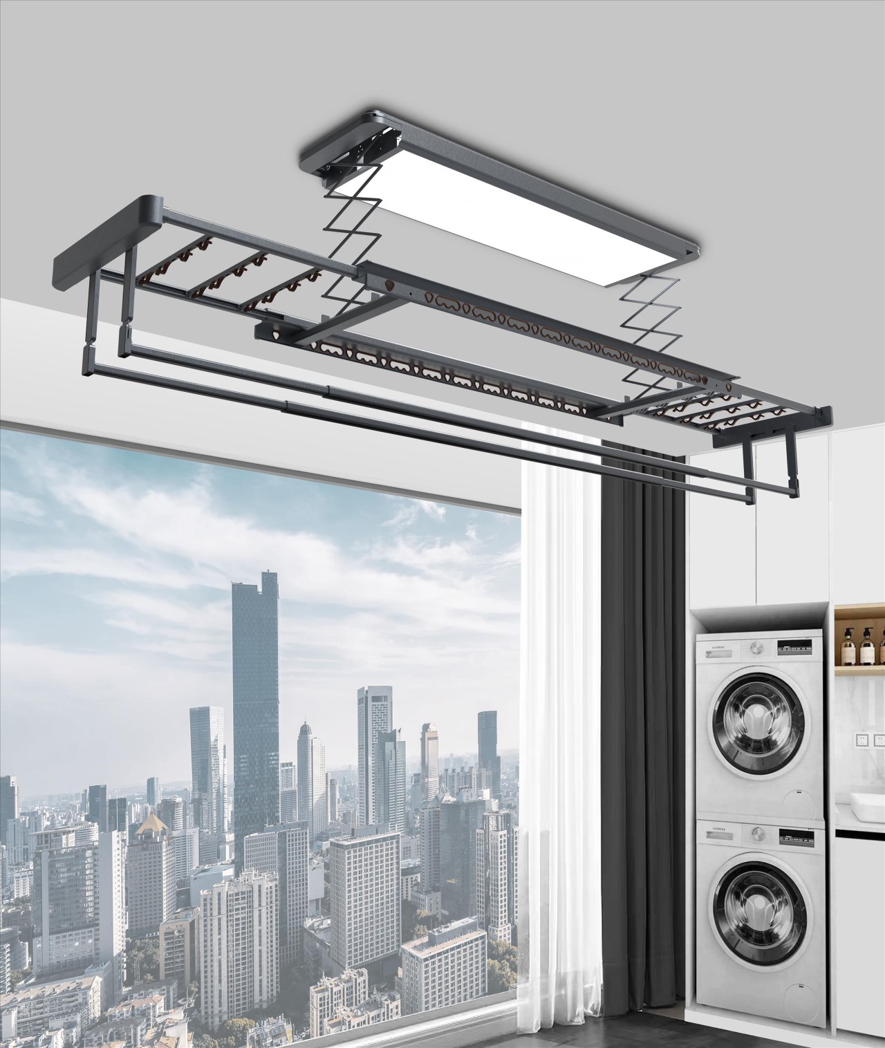 電動遙控升降曬衣架－超薄機身－大尺寸LED照明－夢幻灰外觀加毛巾桿