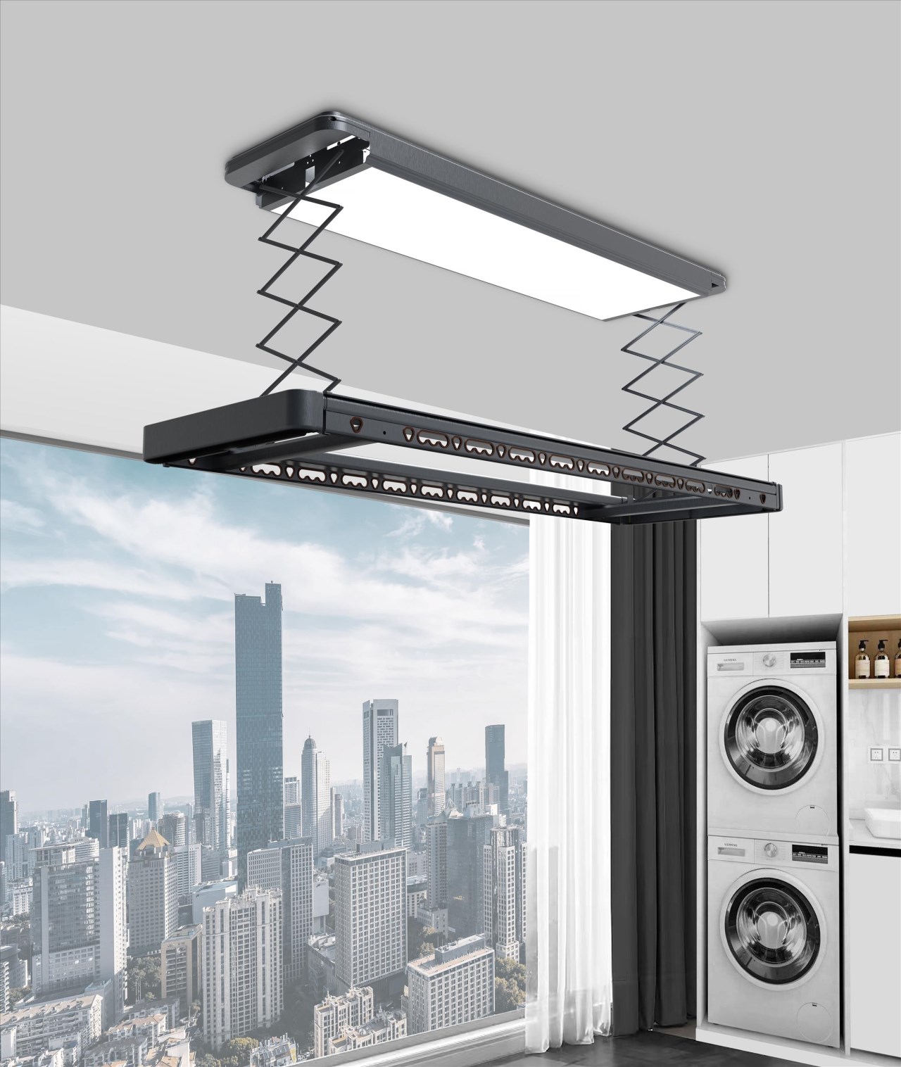 電動遙控升降曬衣架－超薄機身－大尺寸LED照明－夢幻灰外觀加毛巾桿