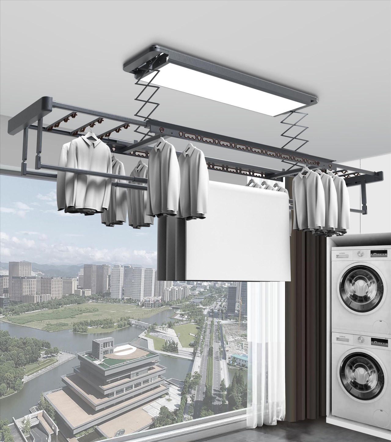 電動遙控升降曬衣架－超薄機身－大尺寸LED照明－夢幻灰外觀加毛巾桿