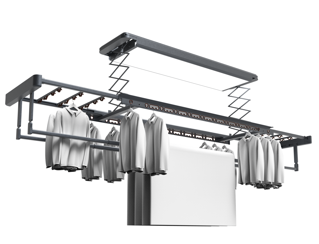 電動遙控升降曬衣架－超薄機身－大尺寸LED照明－夢幻灰外觀加毛巾桿
