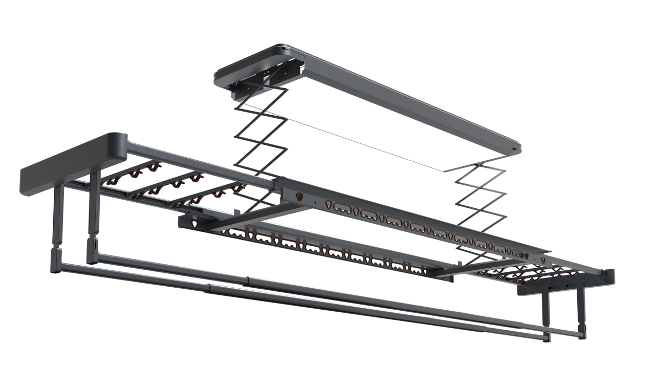 電動遙控升降曬衣架－超薄機身－大尺寸LED照明－夢幻灰外觀加毛巾桿